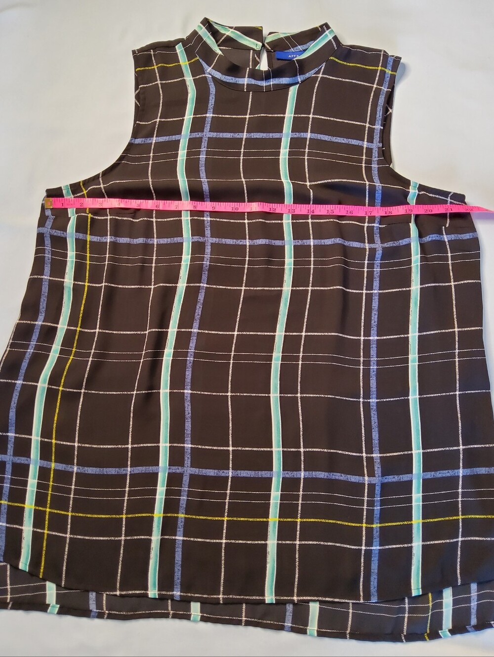 Apt. 9 Black Plaid Sleeveless Mock Neck Top with Blue and Teal Stripes - Picture 4 of 8